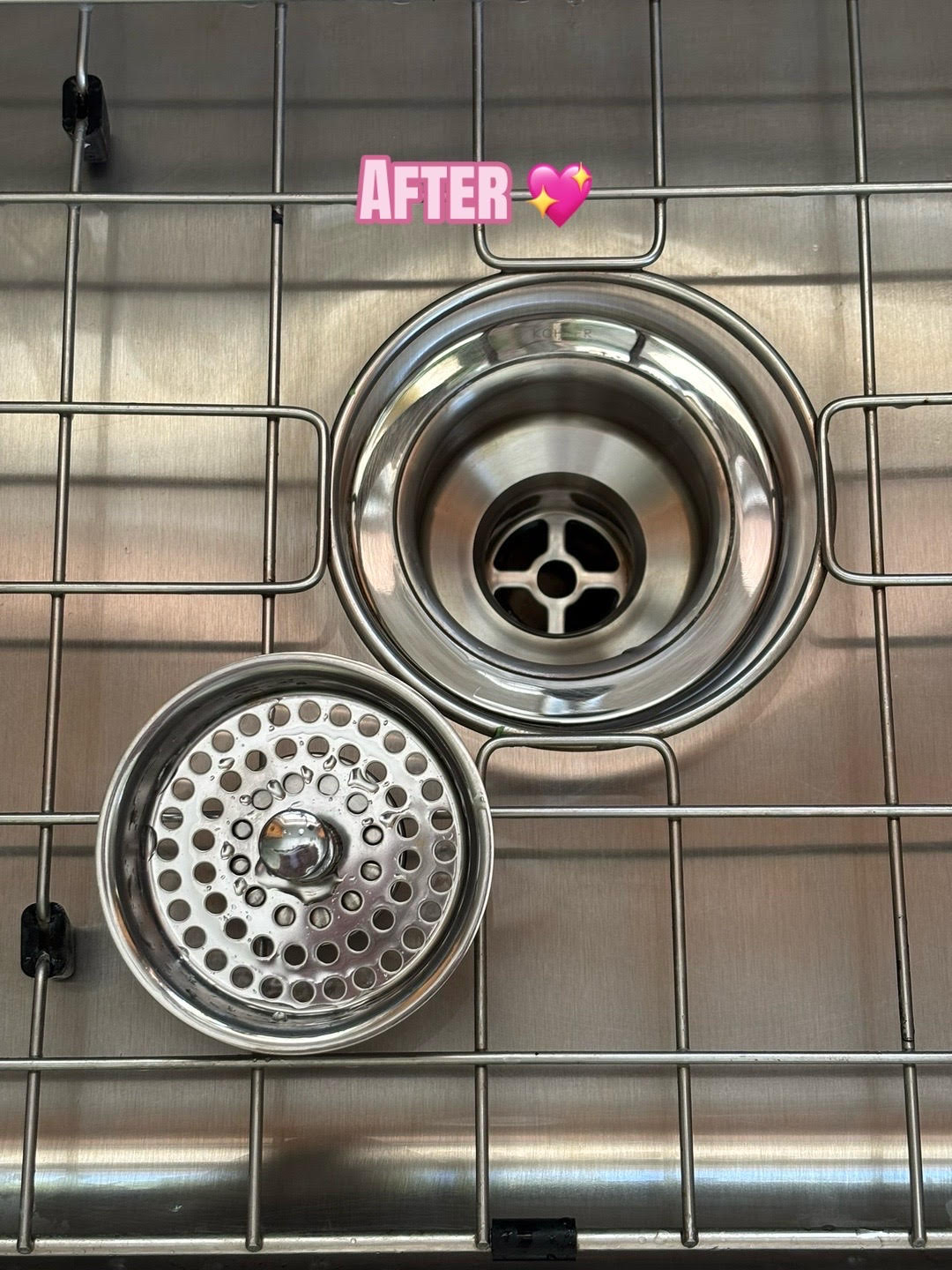 stainless steel sink drain and strainer after cleaning